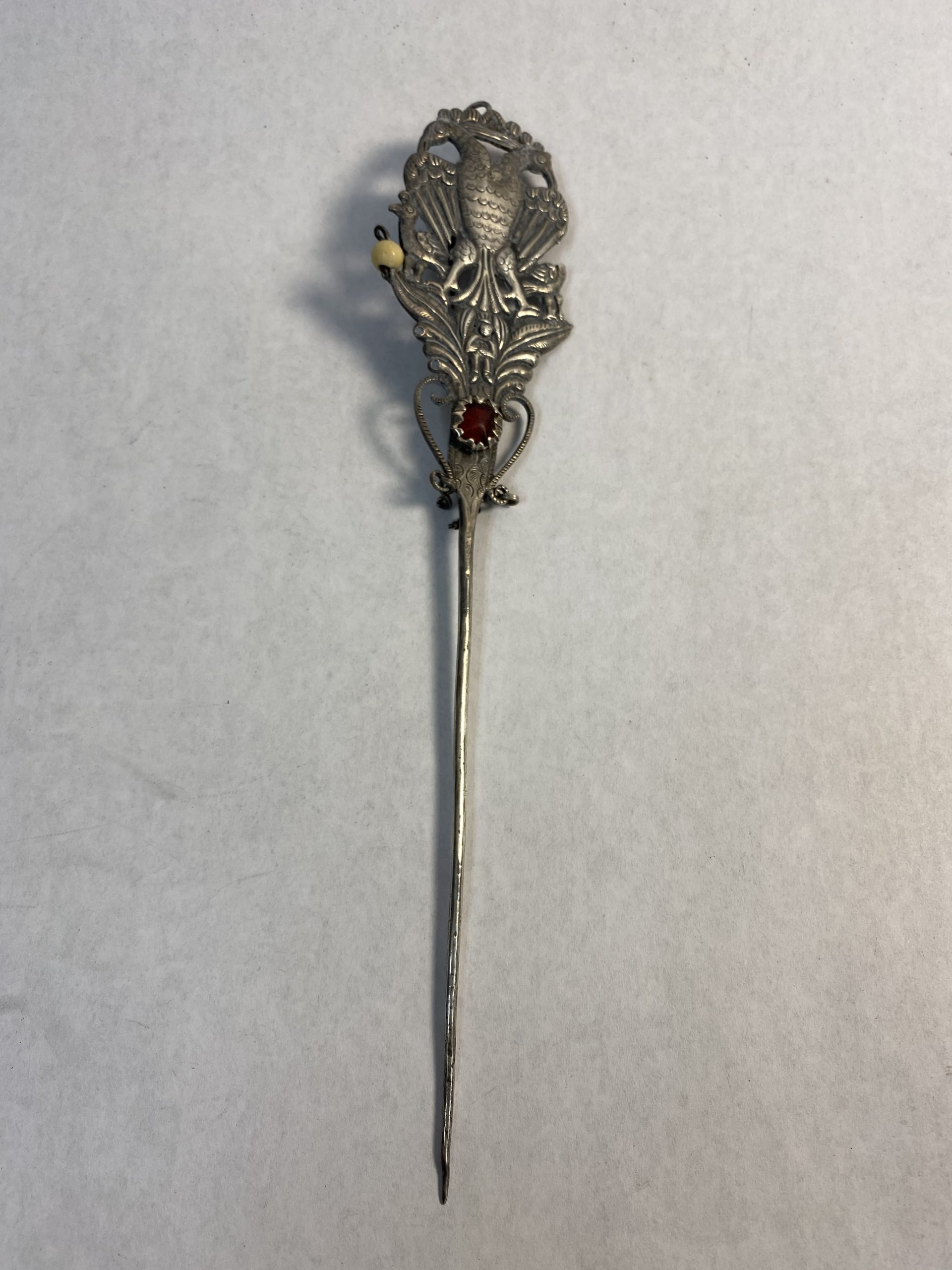 Antique Spanish Colonial Silver Cloak Pin with Animals & People - Ruby Lane
